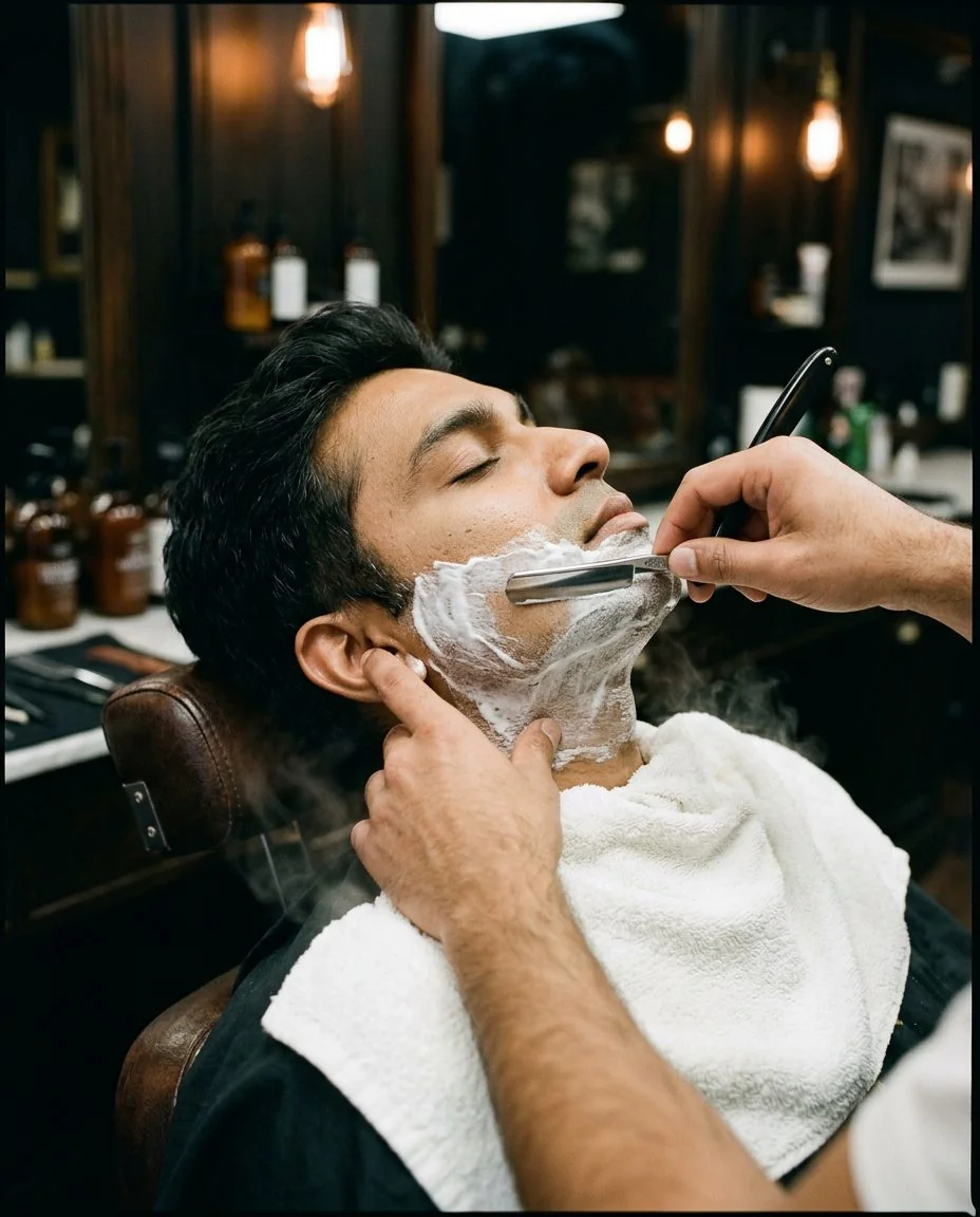 Luxury hot towel straight razor shave at Ichama Barber Kochi