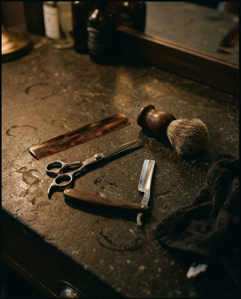 Professional barber scissors, combs, and grooming tools on a stone counter
